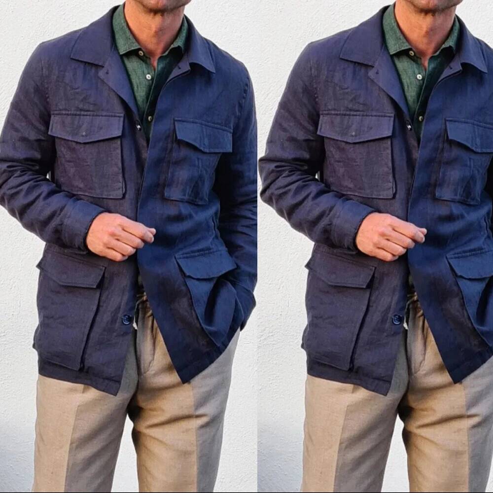 Safari Outdoor Hunting Jackets - Vintage Linen Men Safari Navy Hunting