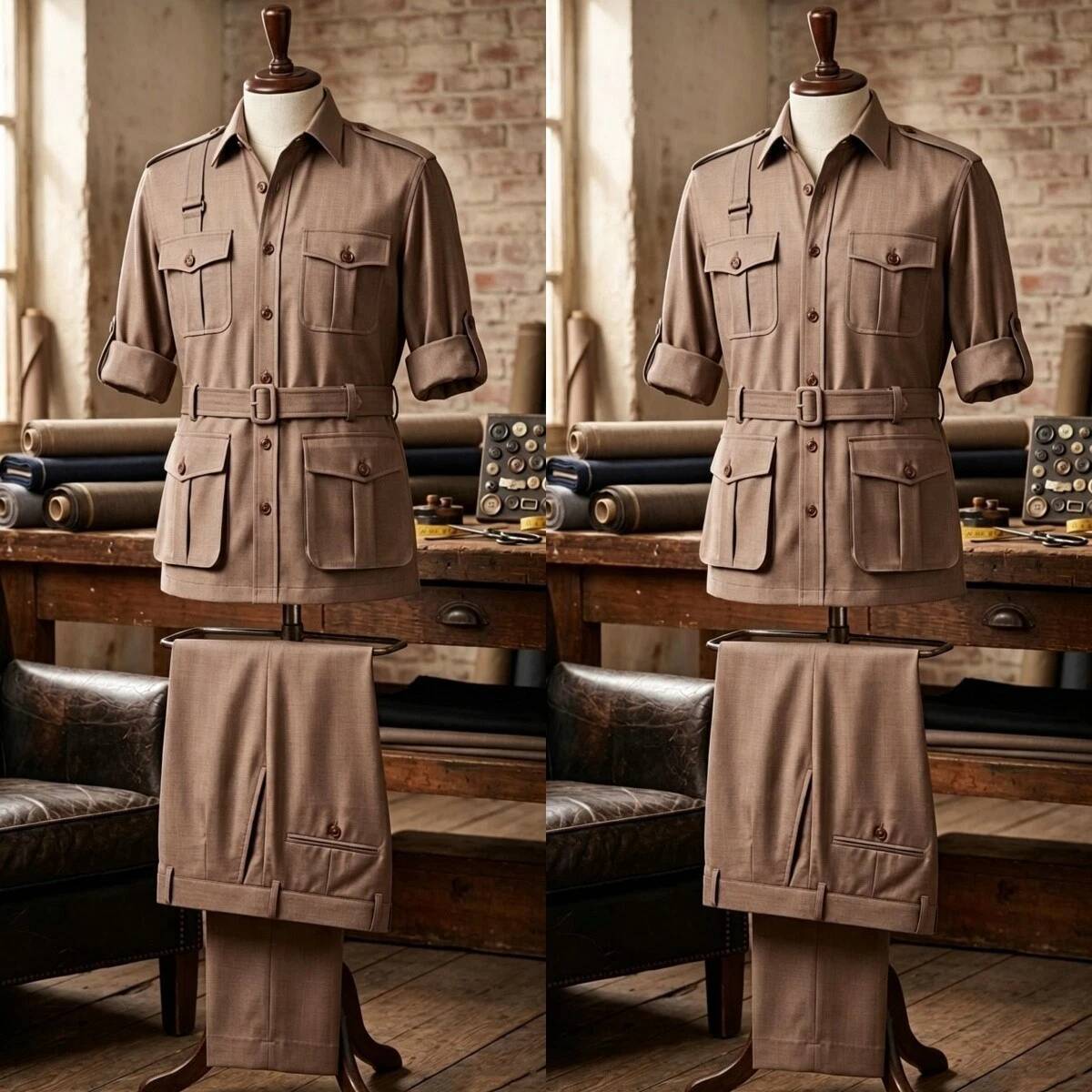 Safari Outdoor Hunting Jackets - Khaki 2 Pieces Men's Safari Suit